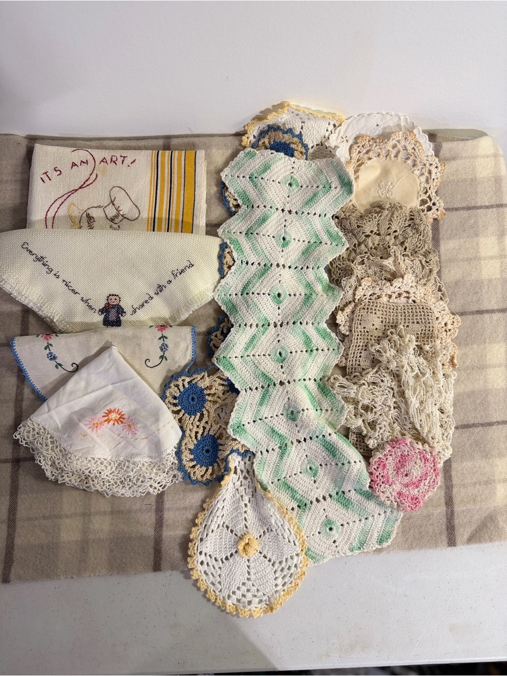 Vintage Crochet Doily & Embroidered Linen Lot - Cream, White, Green Accents
